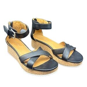 Adrienne Vittadini Cortez BLACK Sandal Cork Wedge Heel Platform Zip Heel Sz 8.5